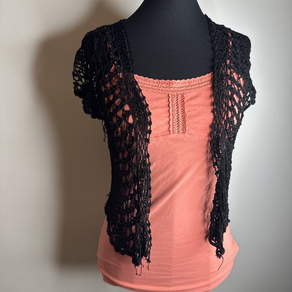 VTG Y2k BCBG Maxazria Loose Knit Crochet Short Cardigan Size L Black Whimsigoth - Picture 3 of 9
